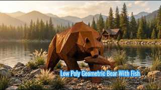 Tác phẩm điêu khắc gấu xám bằng thép Corten lớn Gấu hình học Low Poly có tượng cá Khu vườn ngoài trời De