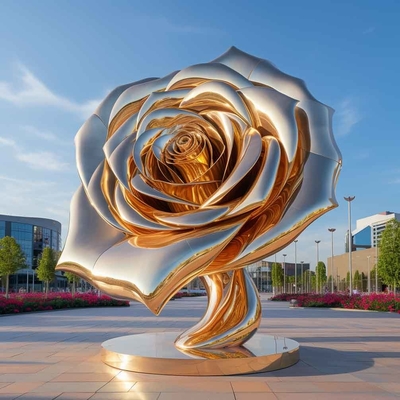 Sculpture kim loại nhà sản xuất gương vàng thép không gỉ hình tượng hoa hồng
