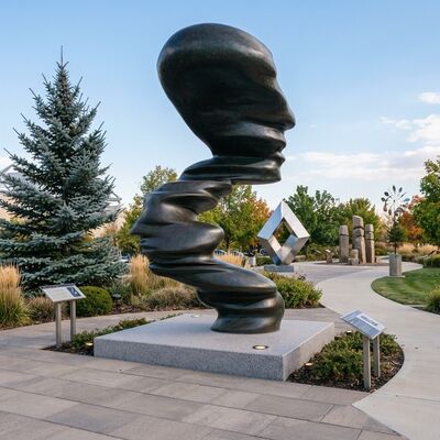 Large Bronze Abstract Human Figure Sculpture Twisted Face Profile Column Modern Outdoor Statue Garden Landscape Public Art
